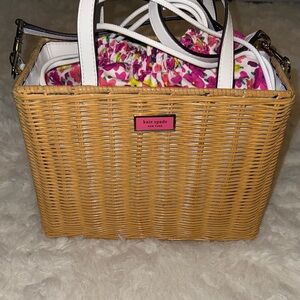 Kate Spade Tan Wicker Tote with White Handles